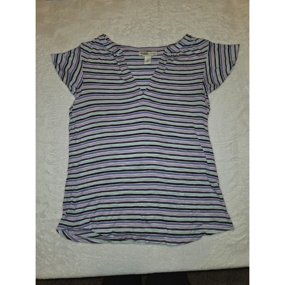 050-WHBM Outlet Women's Small Striped Flutter Sleeve V Neck Knit Top Purple Blue